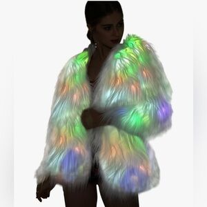 LED white faux fur jacket has rainbow lights. Great for Burning man or festival.